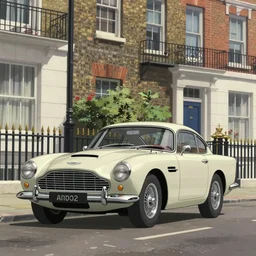 a wholesome animation key shot of one focused short shrunk aston martin db 5, on a rich residential london street, waist height, medium range, studio ghibli, ( pixar ) and disney animation, sharp, very detailed, unreal engine 5 render, bloom, high resolution, anime key art by greg rutkowski