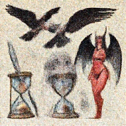 dmt ego death + vulture + knife + hourglass + fish with wings + bikini girl + demon