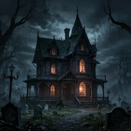 sinister haunted house overlooking a cemetery 4 k, concept art, by wlop, ilya kuvshinov, artgerm, krenz cushart, greg rutkowski, pixiv. cinematic dramatic atmosphere, sharp focus, volumetric lighting, cinematic lighting, studio quality