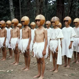 realistic documentary photo of a a group of students wearing white feather shorts, wearing wooden spherical helmets made of wood, wearing white cotton robes, standing in a spacious wood 1 9 9 0, life magazine reportage photo, neutral colors, neutral lighting