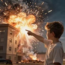 a boy doing gun point hand gesture to a building that explode in the way he point at