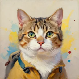 adventurer cat portrait an oil painting splashes with many colors and shapes by gustav klimt greg rutkowski and alphonse mucha, polycount, generative art, psychedelic, fractalism, glitch art