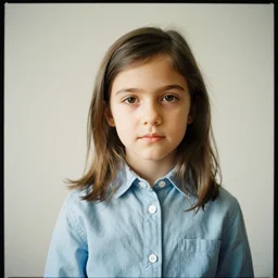a portrait of a 2 6 years old woman!!! brown hair! button up shirt! realistic!! button up shirt! shot on kodak gold 2 0 0!!!