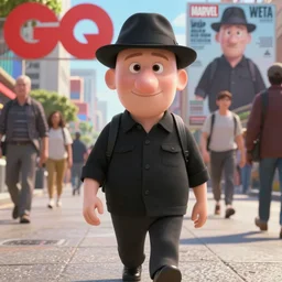 pixar sci - fi movie still portrait photo of bald white man wearing a black shirt, black ray - bans, and a black fedora, large nose : : walking the streets of sf : : by greg rutkowski, wlop, rossdraws, artgerm, weta, marvel, unreal engine, bright morning, anime, gq magazine cover, : :