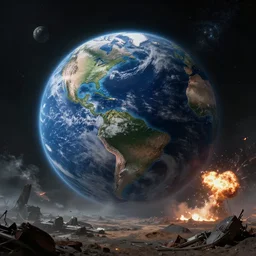 dystopian planet earth from space, war explosions, wasteland, dark