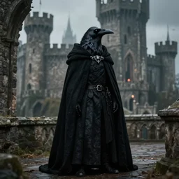 a raven rogue wearing a vantablack cloak. in a high fantasy 1 9 7 8 castle. r / oldschoolfantasy