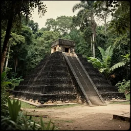 old color photo of black pyramid in a jungle