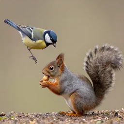 a bird giving a squirrel a nut