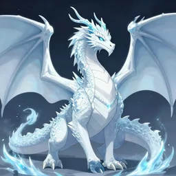 a large, white ice dragon. it has a long neck, and its body is covered in spikes and scales. its wings are enormous, and it has a long spiky tail. it has a regal appearance, breathing frost, trending on pixiv, by kawacy, digital art, cool lighting, comic, cartoon