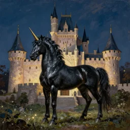 black unicorn stand near castle at night, bright lighting, rtx reflection's, norman rockwell, tim hildebrandt, viktor safonkin, dariusz zawadzki, bruce pennington, larry elmore, intricate details, hyperrealistic oil painting on canvas, deep depth field