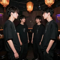 a tiny nightclub with a few chinese lanterns, a couple of modern subculture teenagers standing and talking to each other, wearing black modern clothes, designed by rick owens, hyperrealistic, extremely lifelike attributes & lifelike texture, hyperdetailed, by gregory crewdson