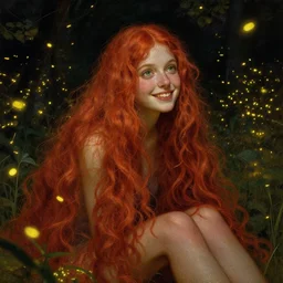 infp girl, smiling, amazed by the lights of golden fireflies, sitting in the midst of nature fully covered, long loose red hair, intricate linework, dreamy green eyes, small nose with freckles, oval shape face, realistic, expressive emotions, dramatic lights, spiritual scene, hyper realistic ultrafine art by cecco del caravaggio, albert bierstadt and artgerm