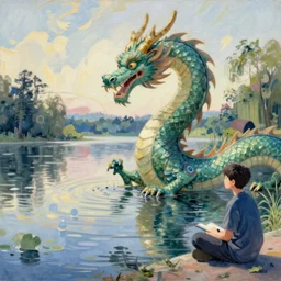 a dragon comes out from a eastern european lake by camille corot, greg rutkowski, hayao miyazaki, sketch, hand - drawn, wet paint, cool color palette, high contrast, 8 k, backlight