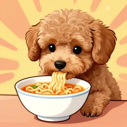cavoodle puppy eating a bowl of ramen, digital art, vibrant
