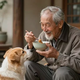 old man eating a ceramic bowl, he is smiling as a dog looks at him, 8 k,