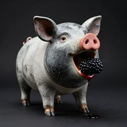 striking sculpture of a pig with a big mouth eating blackberries, made from obsidian and and pumice and japanese glazed pottery, berry juice dripping, black background, zen,