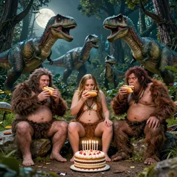 photo, three hairy fat neanderthal people, emma!! watson!!, eating hotdog outside, surrounded by dinosaurs!, gigantic forest trees, sitting on rocks, bright moon, birthday cake on the ground, front view