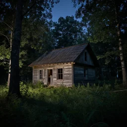 an abandoned cottage in the middle of the forest at night, 8k, photorealistic, very detailed, cinematic, point perspective, UHD