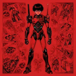 a beautiful japanese manga, centered composition, black and red tone, a jaeger boy, symmetrical features, full body jaeger, hd, exquisite detail, red paper + detailed detail work + tarot cards, cyberpunk style, hd, high contrast, unreal engine, 4 k, by katsuhirootomo and dan mumford and kishiro yukito and trending on artstation mandelbulb fractal, exquisite
