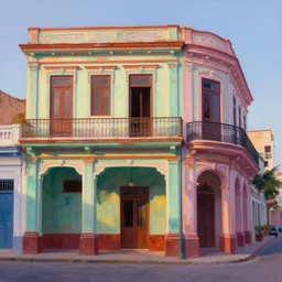 beautiful painting of cuban houses and storefront without characters, colonial architecture, intricate and smooth colors, front view, trending in artstation from the right, colorful octane render, dawn light, art style by michal sawtyruk