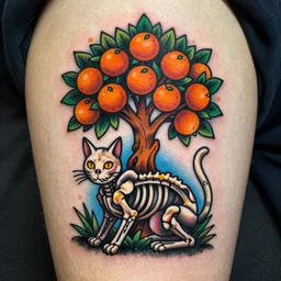 high quality neo traditional tattoo of an orange tree growing out of a cat skeleton, colorful design