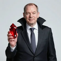 olaf scholz as a evil dark lord holding a red crystal that grants him multiversal powers and space travel. 8 resolution. high quality.