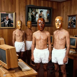 realistic photo of the people wearing wooden masks, white fluffy cotton shorts, polished and fancy, standing in the wooden room full of wooden computers. displays are shiny, michelangelo antonioni film move still 1 9 9 0, life magazine reportage photo