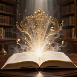 an open book with a library visible in the background, spell coming out of the open book, trending on Artstation, volumetric light, lightrays, smoke, cinematic, atmospheric, octane render, insanely detailed and intricate, hypermaximalist, elegant, ornate, luxury, elite, by James Jean, by Brian Froud, hyper realistic, super detailed, by Artstation
