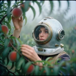 a closeup portrait of a woman wearing a vintage diving helmet, picking peaches from a tree in an orchard, foggy, moody, photograph, by vincent desiderio, canon eos c 3 0 0, ƒ 1. 8, 3 5 mm, 8 k, medium - format print