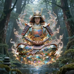 magical samurai floating meditating in enchanted forest, digital art, surreal, beautiful, detailed, highly detailed, intricate, powerful warrior, glowing, prismatic, pearlescent, portrait, detailed, realism, classical, trending on artstation, 8k, ultra realistic, highly detailed, by alex grey, by moebius, by peter mohrbacher, japanese art, zen, zen garden, perfect, symmetry, masterpiece