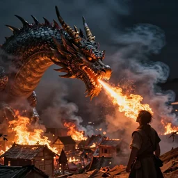 Dragon spits fire on a man, burning village in background, plumes of smoke in background, at night, greg rutkowski, highly-detailed