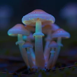 a macro shot of bioluminescent mushrooms, dof, 4k, bokeh, acid pixie