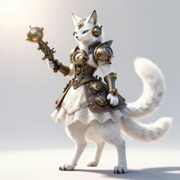 anthropomorphic white lynx fursona wielding steampunk weapon, wearing steampunk dress with clockworks life support with lynx head, tail, paws, by tanidareal, irakli nadar, muggur, intricate linework, unreal engine, photorealistic render, furry art, furaffinity, bright sun backlight, white detailed fur, thin hind legs