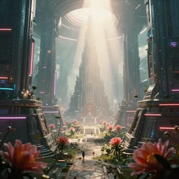 a mayan city in the future with sunshaft, bloom, depth of field, rendered in unreal engine, with slow flash sync, kodak film, realistic, craig mullins style, realistic style, neon lighs, chrome, cyberpunk, digital art
