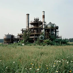 a quiet peacefull field with at its center a massive extraordinary industrial machinery overgrown by wild nature - by ansel adams and josef koudelka