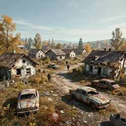 low wide angle shot of dilapidated fallout 5 europa, retro futuristic overgrown euro rural town, desolate, dilapidated houses, few rusted retro futuristic vintage parked vehicles like cars, raiders on partrol, volumetric lighting, photorealistic, daytime, autumn, cold sunny weather, sharp focus, ultra detailed, 4 2 0 0 k