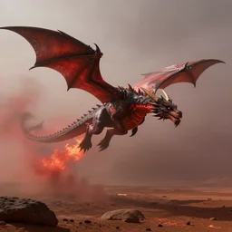a mystical dragon flying on mars, foggy, photograph, red lighting, smoke, fire,