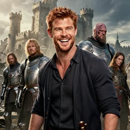 stunning portrait of laughing ( ( copper haired chris hemsworth ) ) as destruction from sandman looking like kristofer hivju!, in front of a destroyed castle, medival armour!!, by jeremy mann, by frank moth, jeff easley, alphonse mucha, dave mckean, soft lightning, high detailed, 8 k