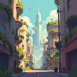 a beautiful and immaculate futuristic sky city. naturalist architecture. view from an alleyway. vector rendering. outrun style. leading lines. vanishing point. trending on artstation. by chris moore. beeple colors.