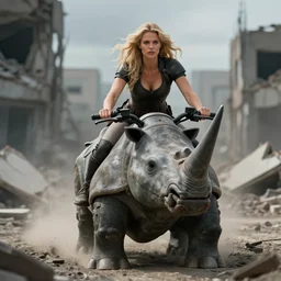a beautiful blond woman riding a battle rhino in a destroyed city, 8 k, moody lighting, shallow depth of field,