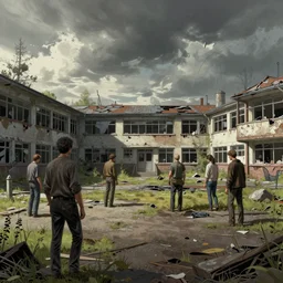 detailed ultra - realistic graphic novel illustration of postapocalyptic abandoned schoolyard by edward hopper and gregory crewdson, cinematic, full shot, george adult, carel willink, ian miller, wayne barlowe, greg rutkowski