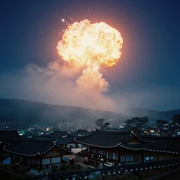 3 5 mm film of explosion in the sky, view from a korean traditional village, camera pans upwards, 4 k, night, fog