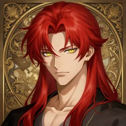 portrait of hisoka morow hunter hunter, male, sharp jaw yellow eyes narrow sultry soft eyes red hair soft hair swept back crimson medium length hair, anime, fantasy, intricate, elegant, highly detailed, digital painting, artstation, concept art, matte, sharp focus, illustration, art by artgerm and greg rutkowski and alphonse mucha