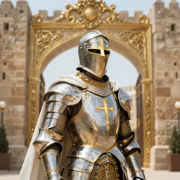 man looking forward in decorated with gold baroque style christian crusader armor, cylindrical helmet covering all his face with golden cross on front it's front end and white cape covering half of his body standing at the gates of jerusalem drawn by greg rutkowski realistic high detail