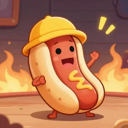 A cartoon image of a happy hotdog wearing a yellow hat, in a burning room