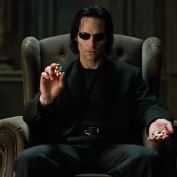 Morpheus holds up several different colored pills while sitting in an armchair in The Matrix (1999), dimly lit