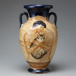 greek vase image of a man hugging a cat