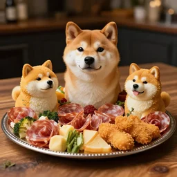 a charcuterie board made of doge body, shiba inu face, doge meme fur, cake of doge, baked shiba body, fried doge, pieces of doge in the silver plate, wooden table, dog parts, professional shot, bad gourmet dog dish, with fewer veggies. master chef, low light, bokeh, masterpiece.