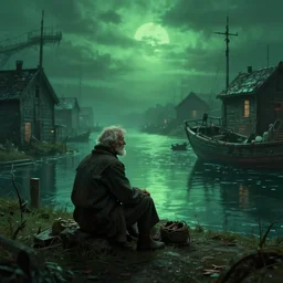 cinematic artwork, an old fisherman in a lovecraftian fishing village, beautiful, dusk, green ambient light, trending on artstation