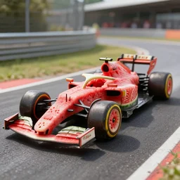 a formula 1 racecar, made out of watermelon carving pieces,